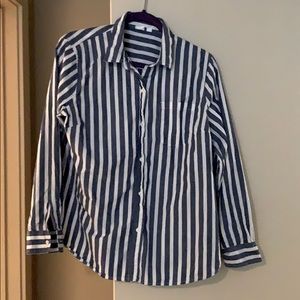 Gap, navy and white stripped button up shirt.